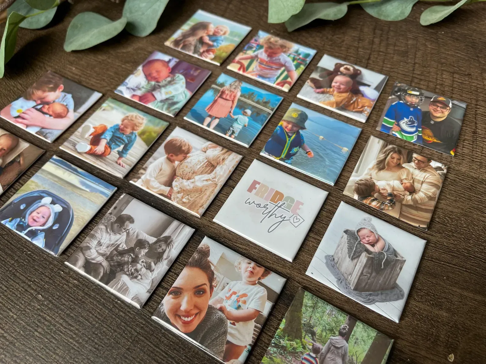 Collection of square photo tiles, showcasing various family moments and portraits.