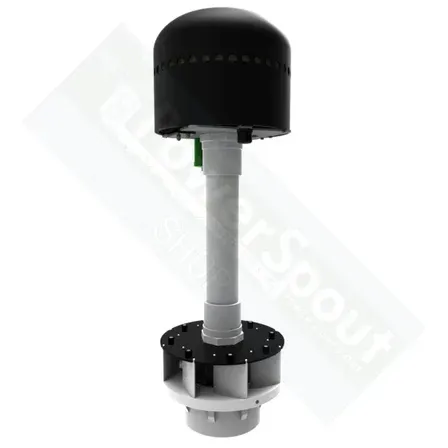 Vertical turbine with a black dome, a gray column, and a bottom impeller section.