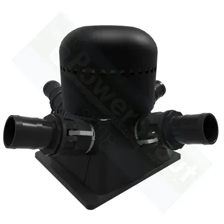 Black cylindrical device with multiple hose connections.