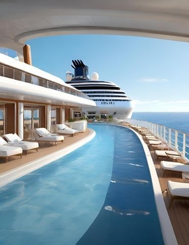 Cruise ship deck with pool, ocean view, and lounge chairs on a sunny day.
