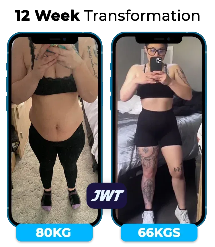 Before and after weight loss transformation photo showing a woman’s physical progress over time