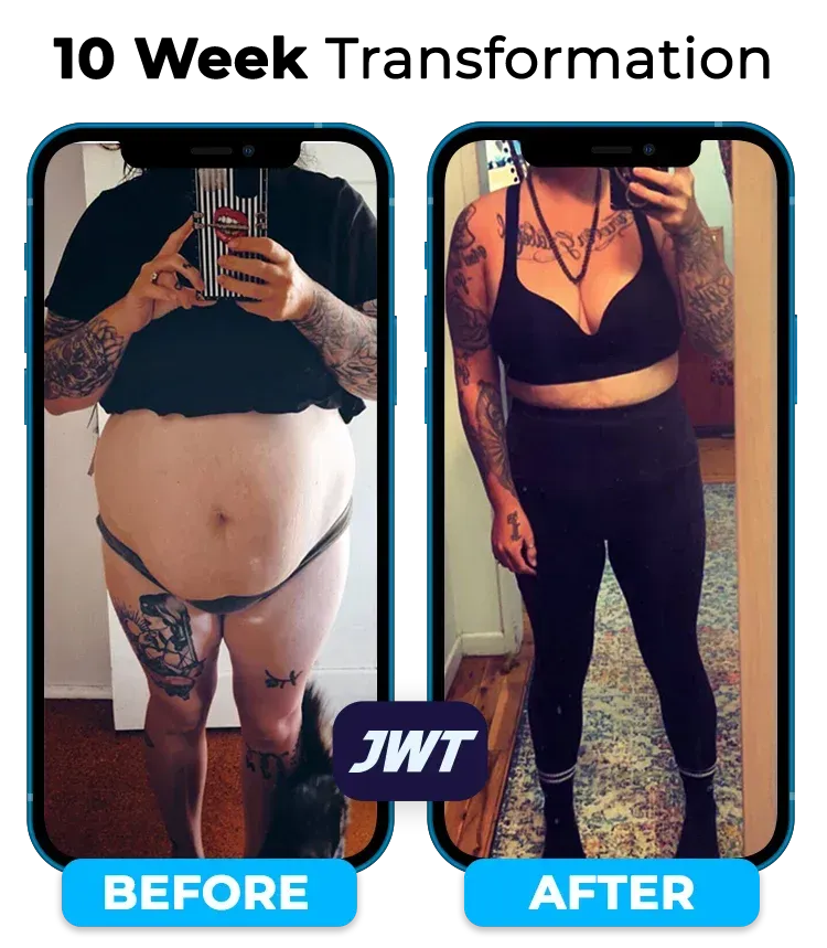 Before and after weight loss transformation photo showing a woman’s progress over time