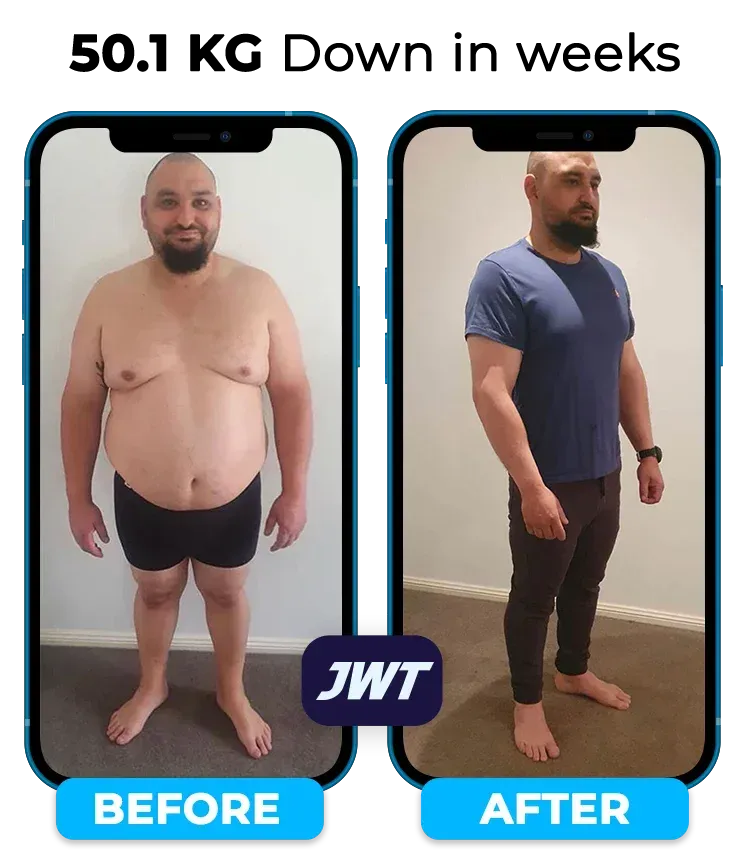 Before and after weight loss transformation photo showing a man’s physical progress over time
