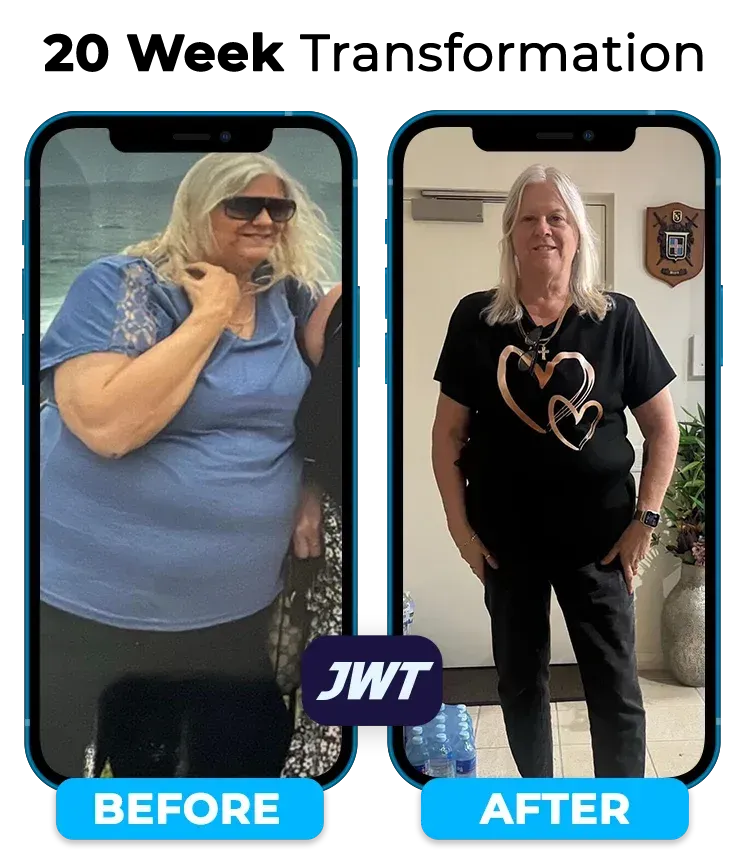 Before and after weight loss transformation photo showing an older woman’s physical progress over time