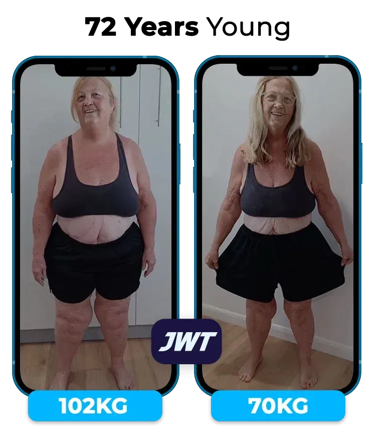 Before and after weight loss transformation photo showing an older woman’s physical progress over time