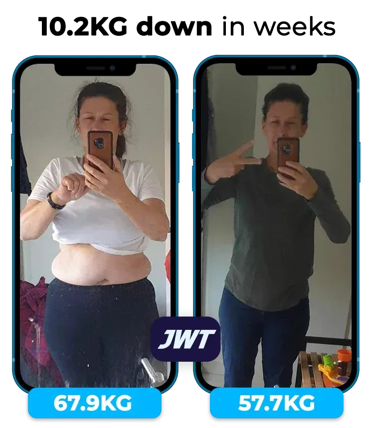 Before and after weight loss progress photo showing a woman’s transformation over several weeks