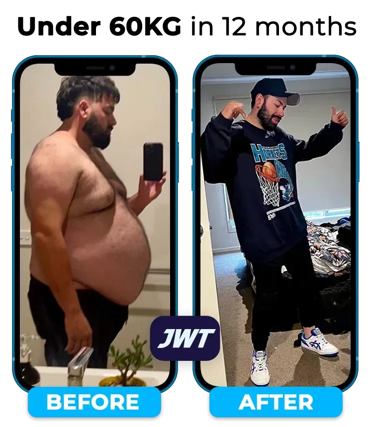 Before and after weight loss transformation photo showing a man’s progress over time