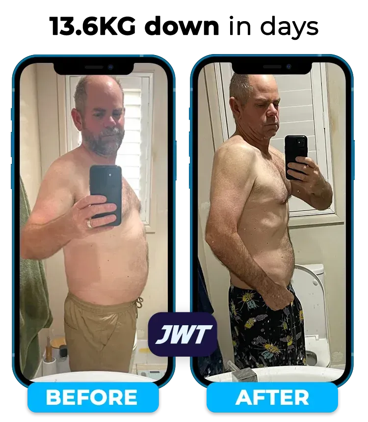 Real-life weight loss progress shown through a before and after comparison image