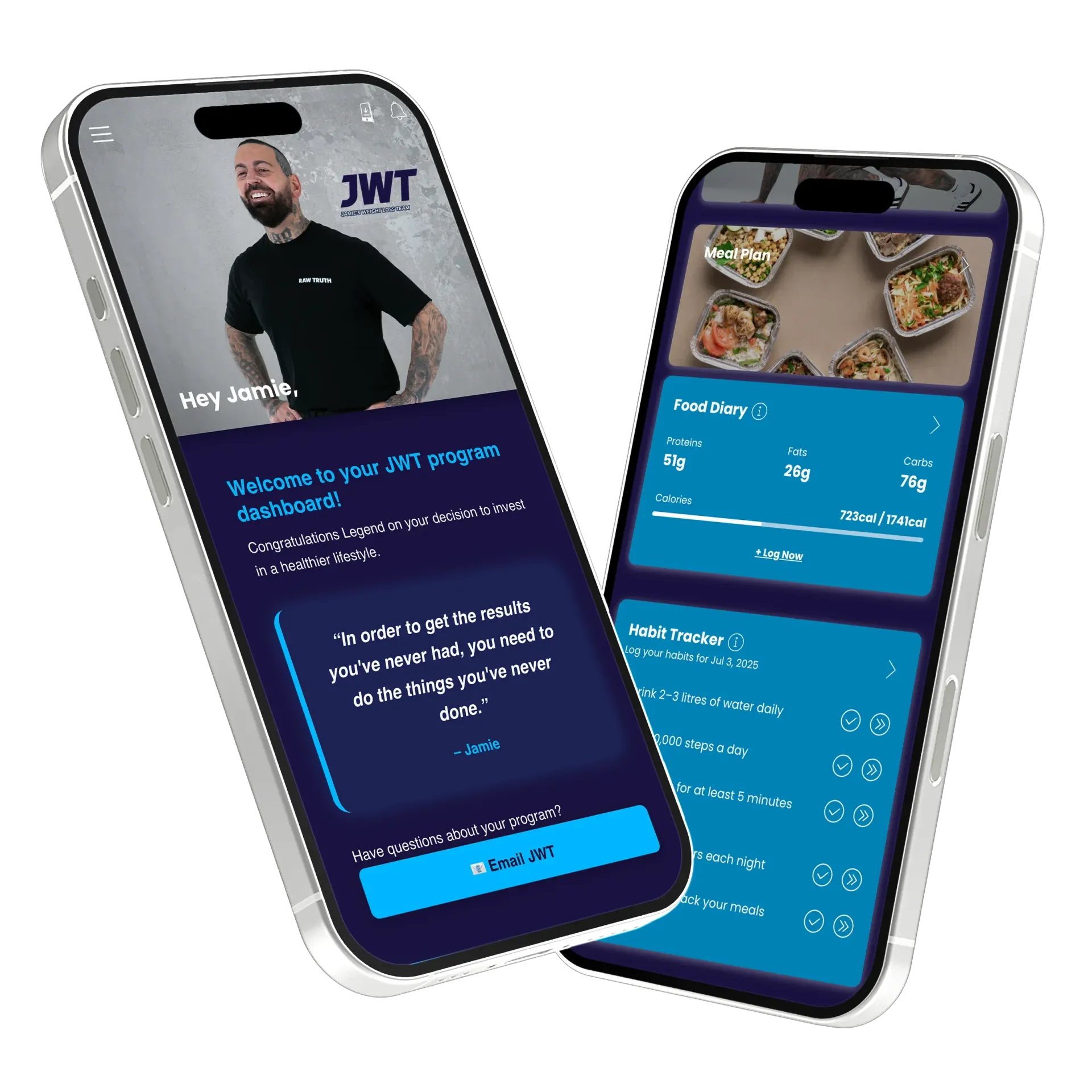 JWT Weight Loss nutrition app with customizable meal plans, cost saver options, daily calorie and protein tracking, and healthy food swaps.