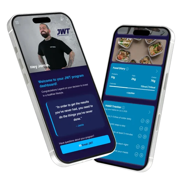 JWT Weight Loss nutrition app with customizable meal plans, cost saver options, daily calorie and protein tracking, and healthy food swaps.