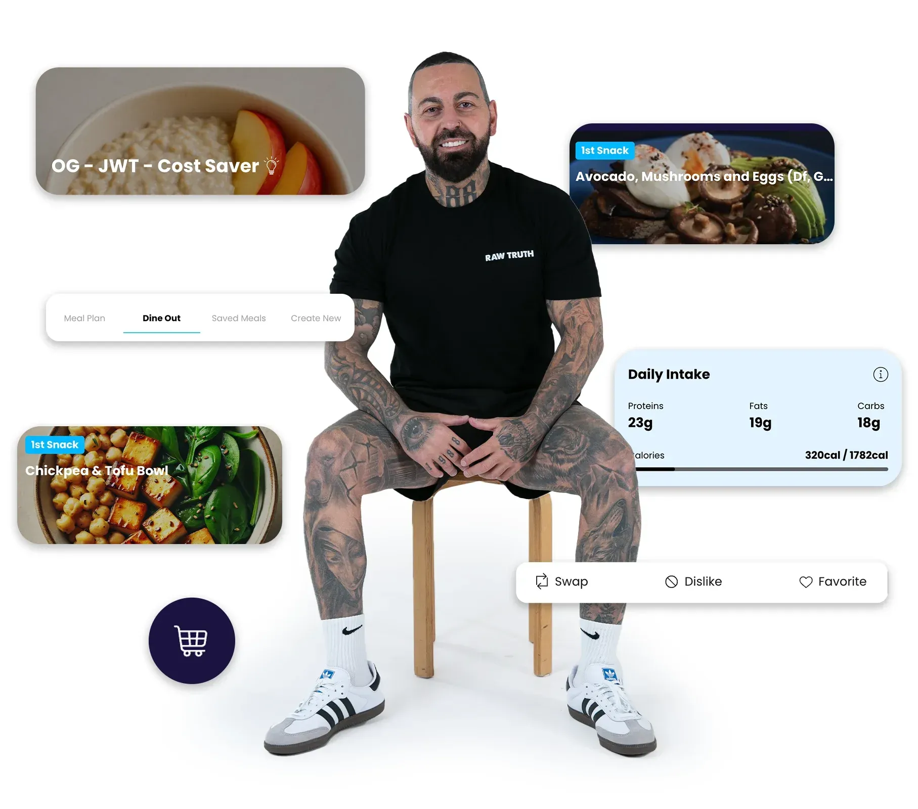 JWT Weight Loss program app dashboard showing meal plan, food diary, protein and calorie tracking, and daily habit tracker for accountability.