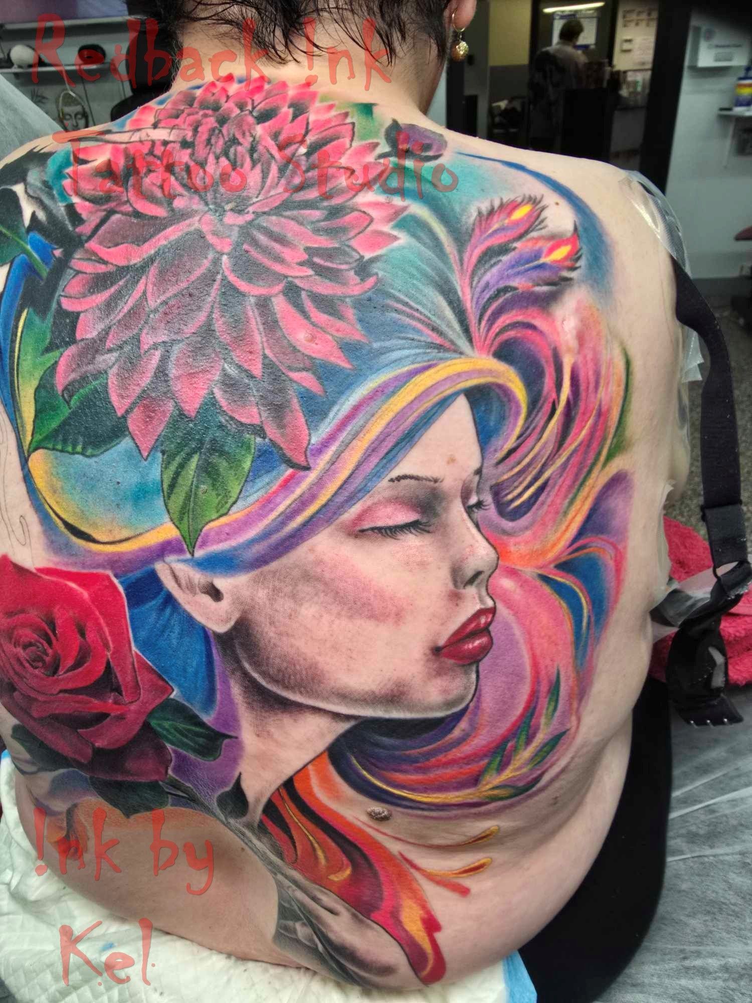 Woman's Back Tattoo: Colourful Portrait With Flower — Redback !nk Tattoo Studio in Kawana, QLD