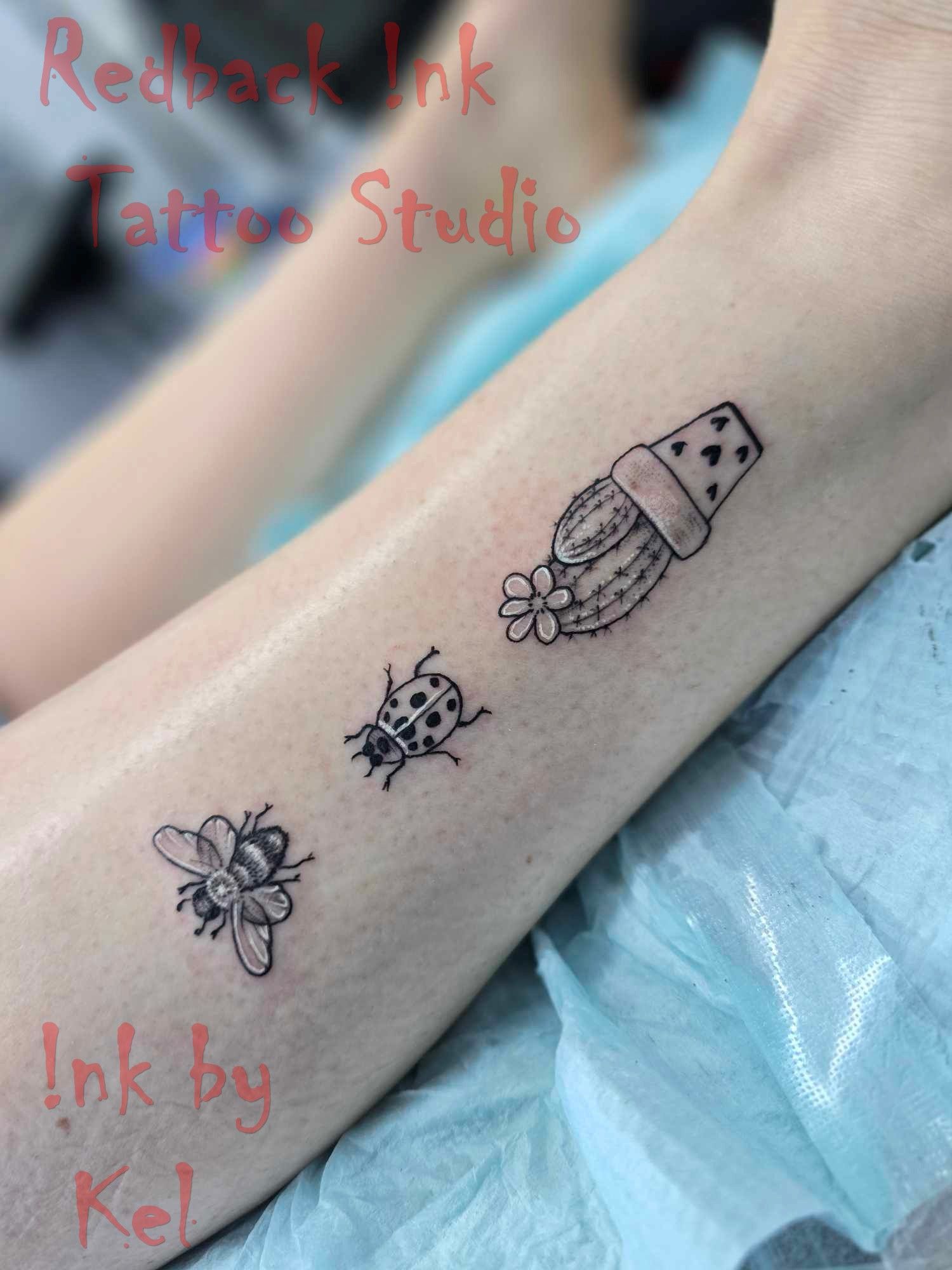 Tattoo on Arm of a Bee, Ladybug, and Cactus in a Polka-dot Pot — Redback !nk Tattoo Studio in Kawana, QLD