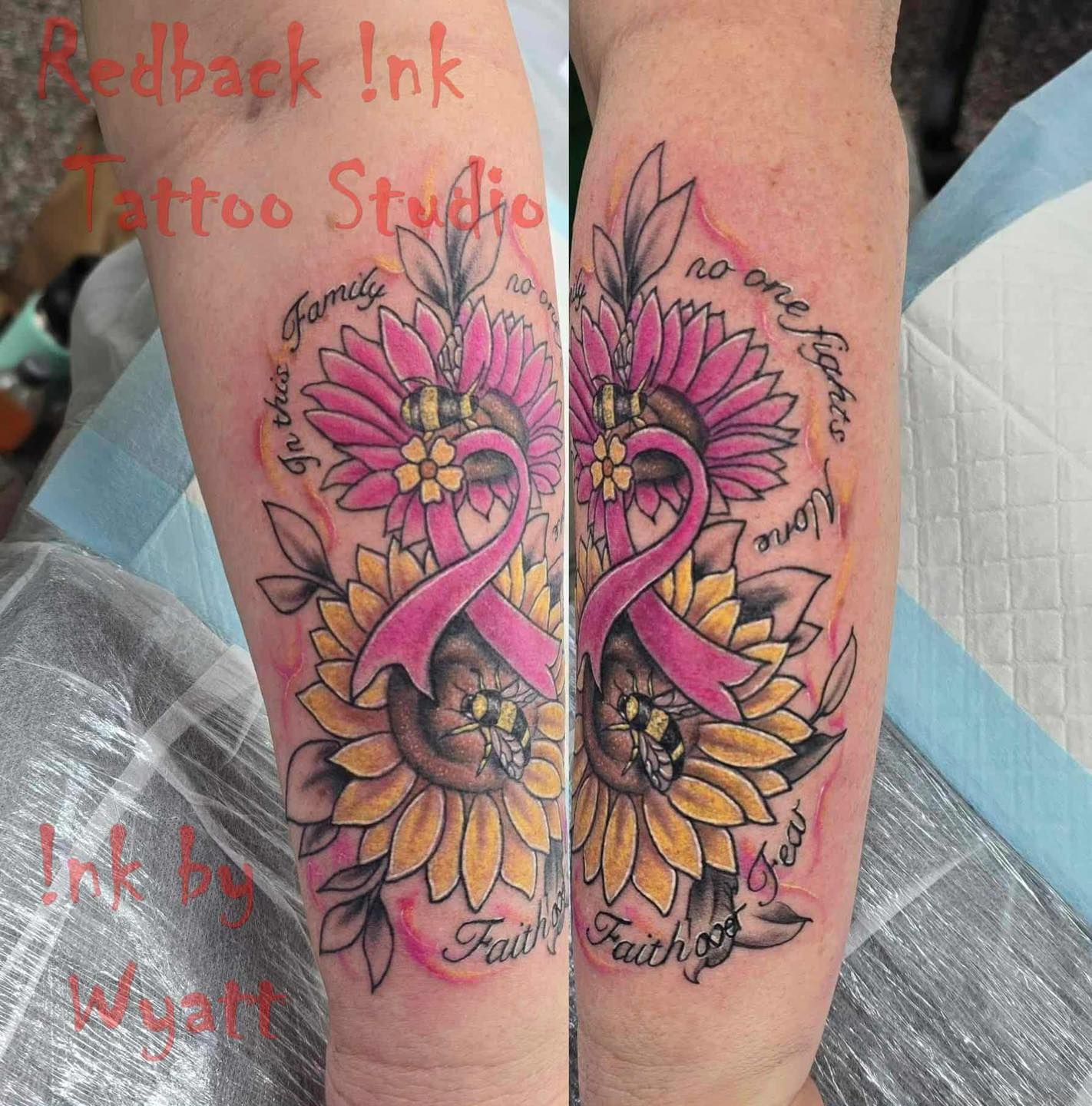 Tattoo of Sunflowers, a Pink Ribbon, and Text on an Arm — Redback !nk Tattoo Studio in Kawana, QLD
