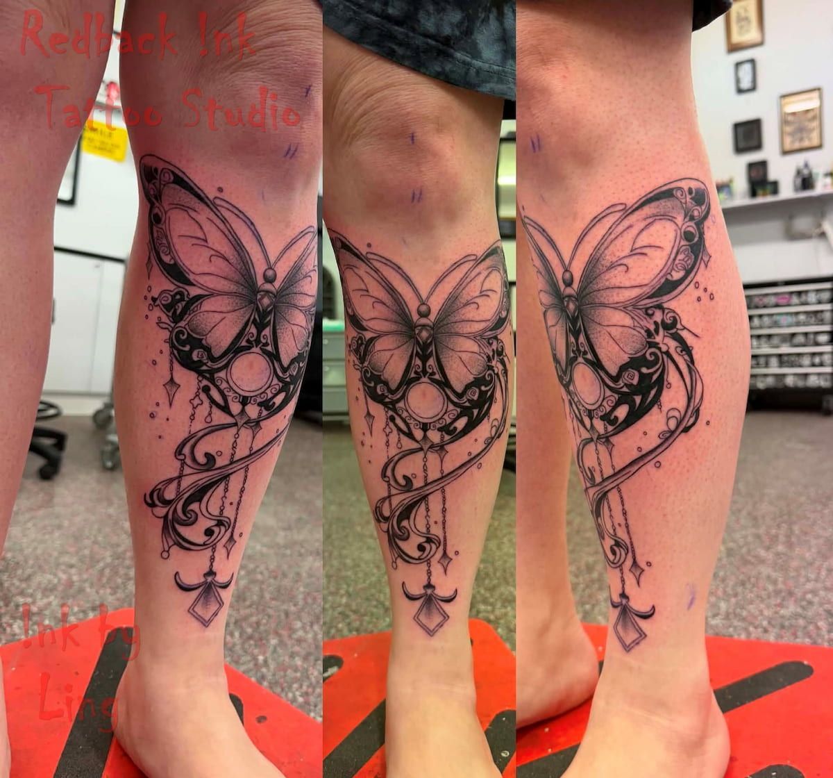 Butterfly Tattoo Design on a Person’s Lower Leg — Redback !nk Tattoo Studio in Kawana, QLD