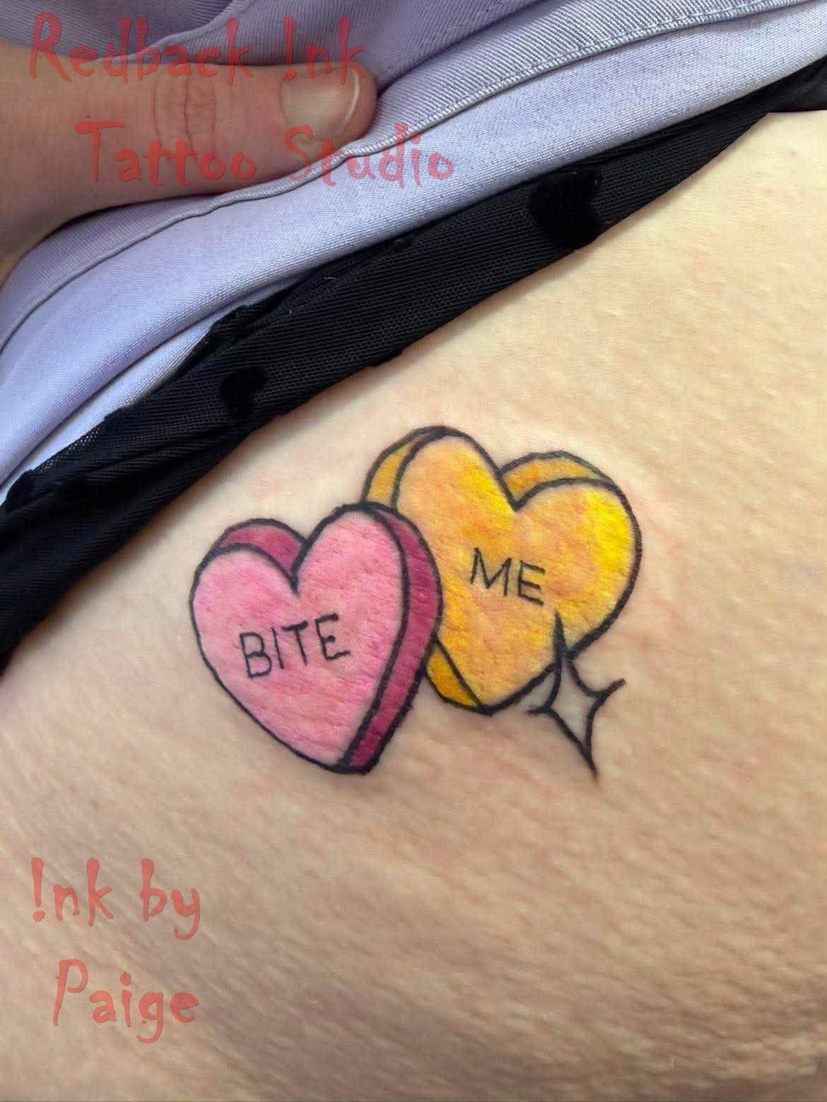 Two Heart Tattoos, Pink and Orange — Redback !nk Tattoo Studio in Kawana, QLD