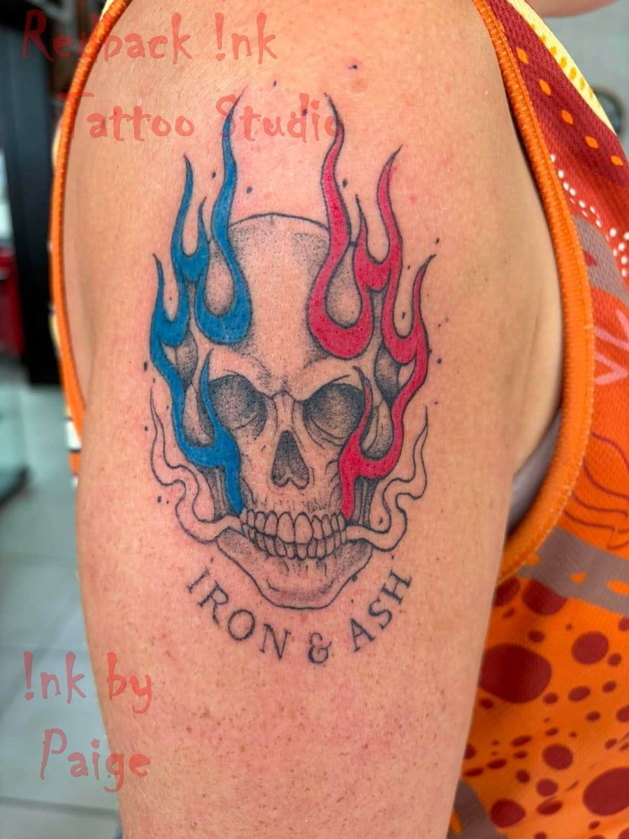 Colour Tattoo of a Flaming Skull With Blue and Pink Flames — Redback !nk Tattoo Studio in Kawana, QLD