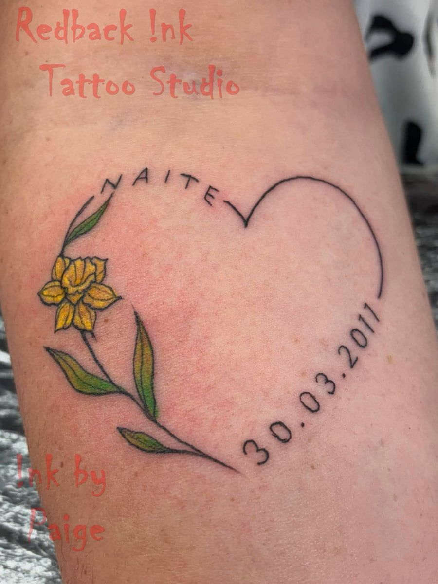 Heart-shaped Tattoo With Yellow Flower, Green Leaves — Redback !nk Tattoo Studio in Kawana, QLD