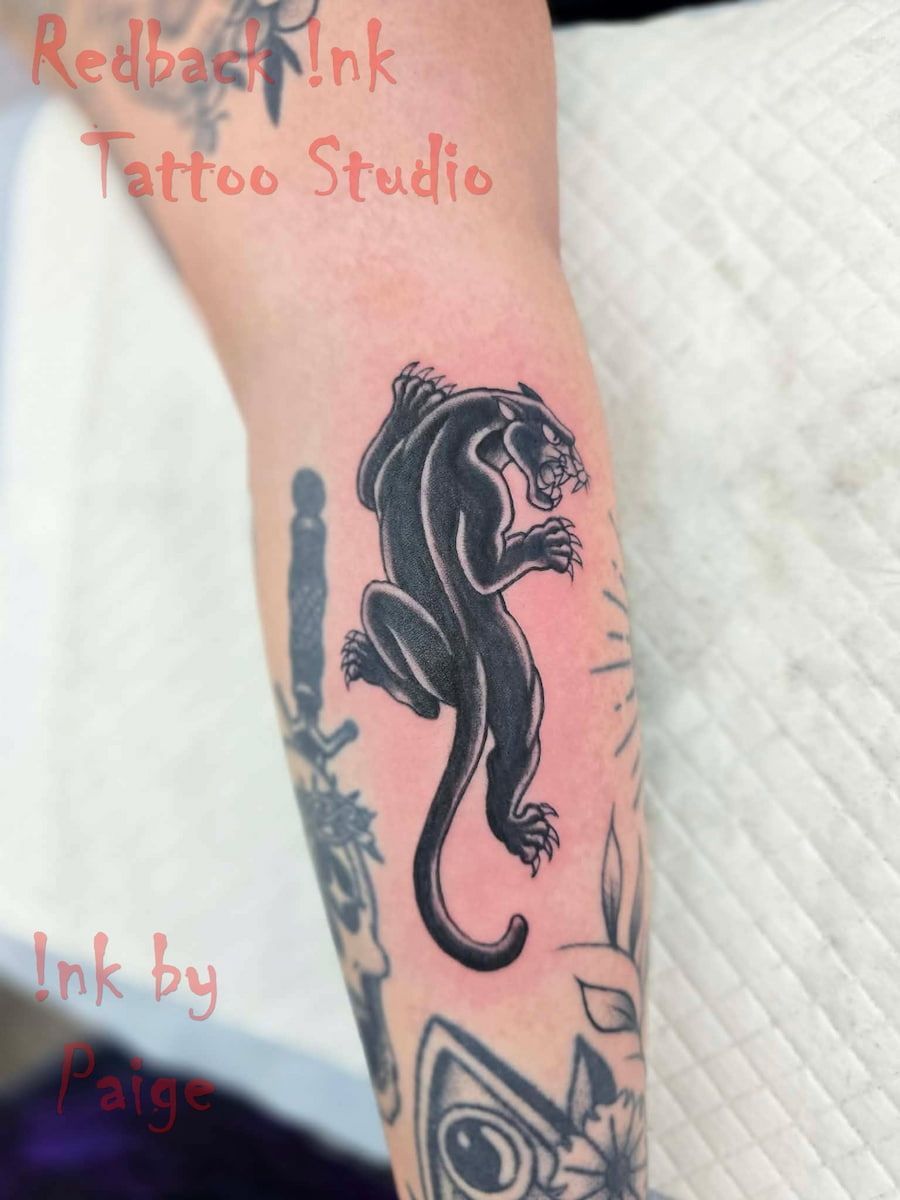 Black Horse Tattoo on a Forearm With Partial Red Studio Text — Redback !nk Tattoo Studio in Kawana, QLD