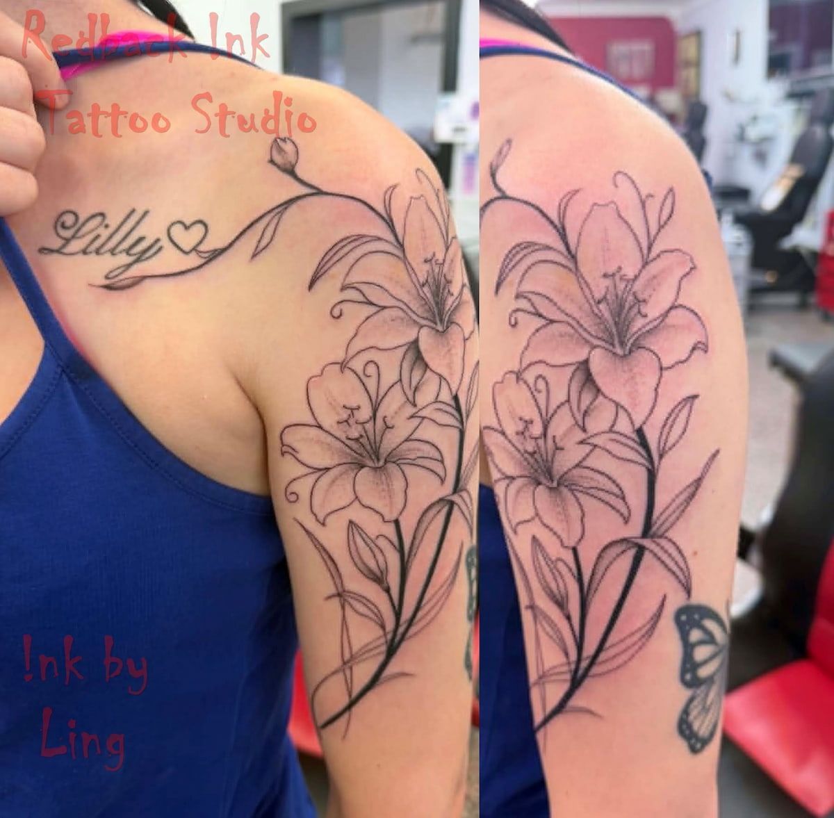 Side-by-side Arm Tattoos of Floral Line Art With Lilies and Butterfly Accents — Redback !nk Tattoo Studio in Kawana, QLD