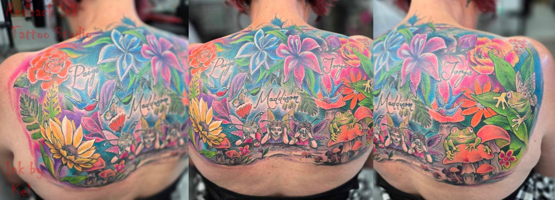 Three-panel View of Colourful Floral Tattoo on a Person's Back; Flowers — Redback !nk Tattoo Studio in Kawana, QLD