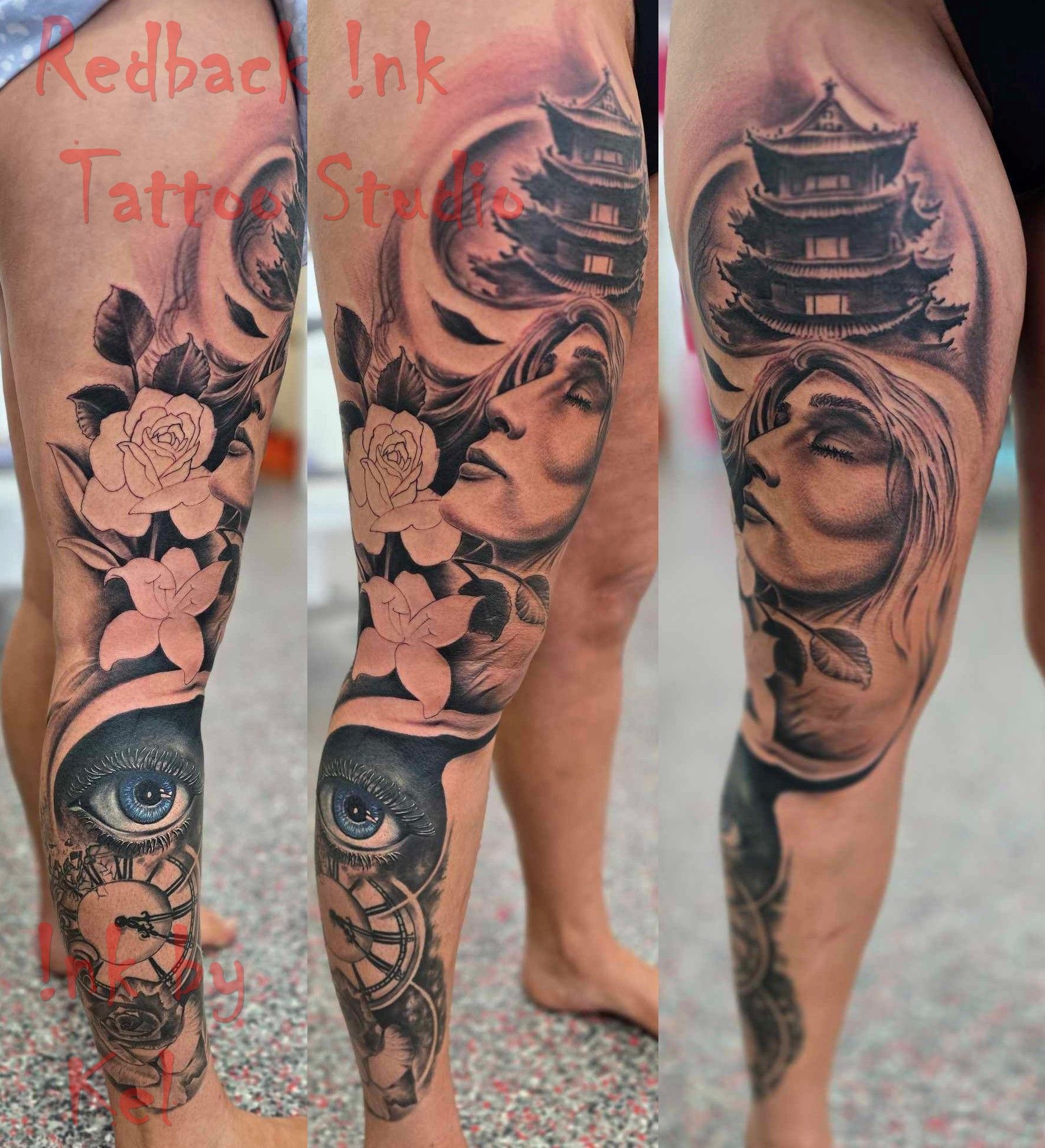 Tattoo of a Leg With an Eye, Flowers, a Woman's Face, and a Pagoda — Redback !nk Tattoo Studio in Kawana, QLD