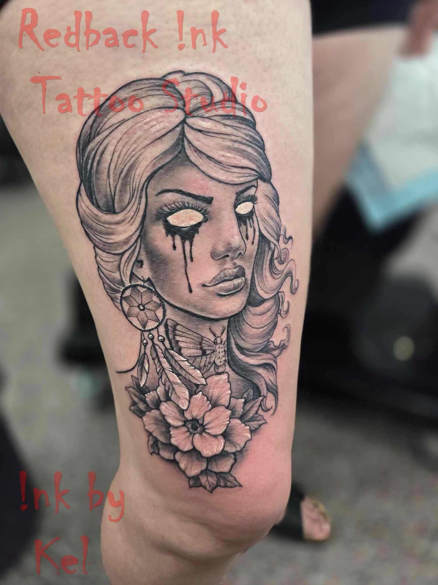 Black and Gray Tattoo of a Woman With Empty Eyes and a Floral Collar — Redback !nk Tattoo Studio in Kawana, QLD