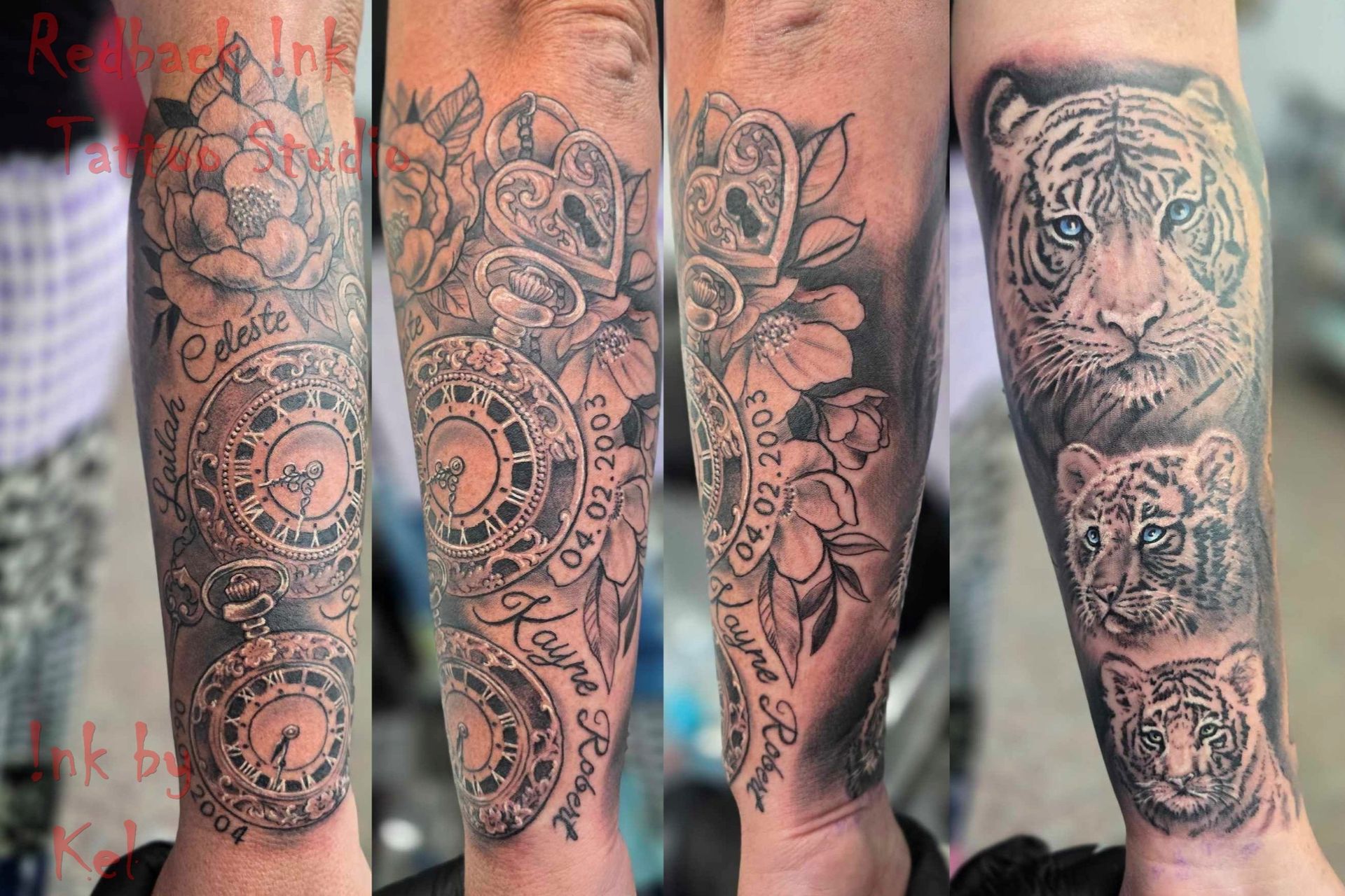 Four Black and White Tattoos on a Forearm. Clock, Floral, and Tiger Designs — Redback !nk Tattoo Studio in Kawana, QLD