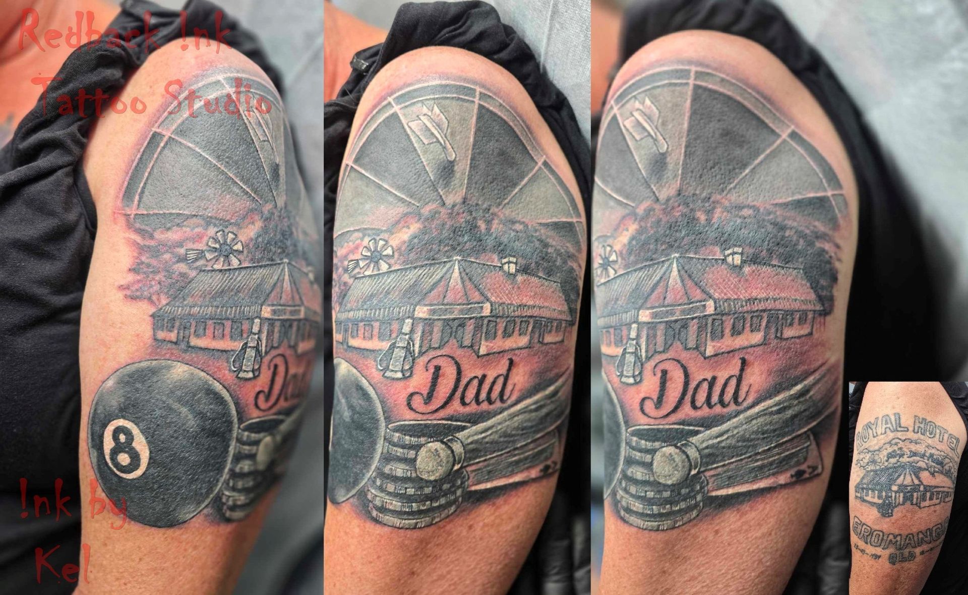 Tattoo of a Building, Ferris Wheel, Pool Ball — Redback !nk Tattoo Studio in Kawana, QLD