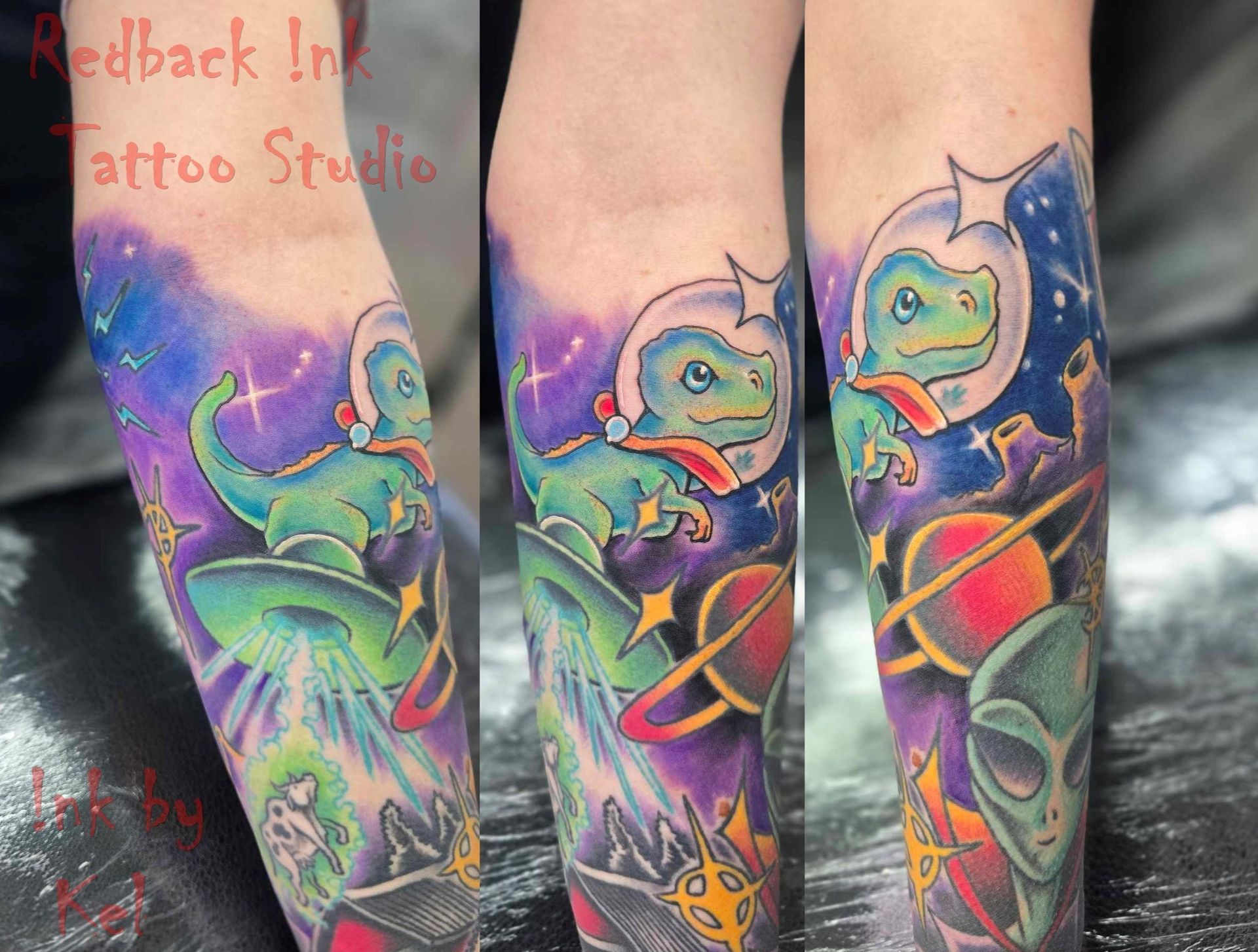 A Colourful Forearm Tattoo of a Dinosaur in a Space Helmet Flying Through Space — Redback !nk Tattoo Studio in Kawana, QLD
