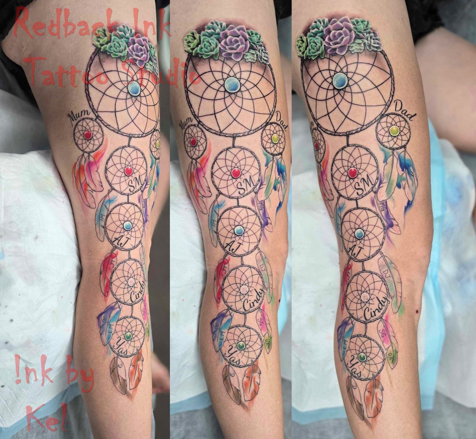Dreamcatcher Tattoo on a Leg — Redback !nk Tattoo Studio in Kawana, QLD