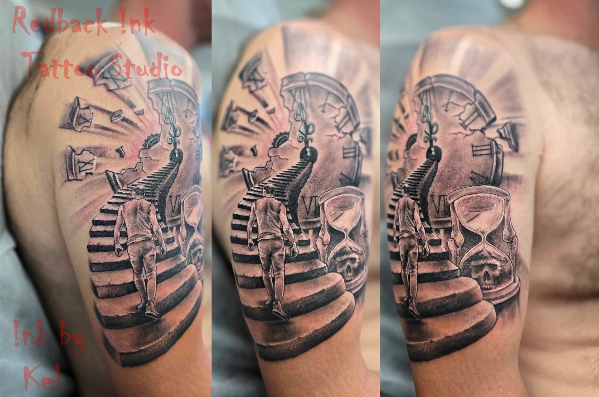 Tattoo of an Egyptian Pharaoh's Head, Clock, and Hourglass — Redback !nk Tattoo Studio in Kawana, QLD