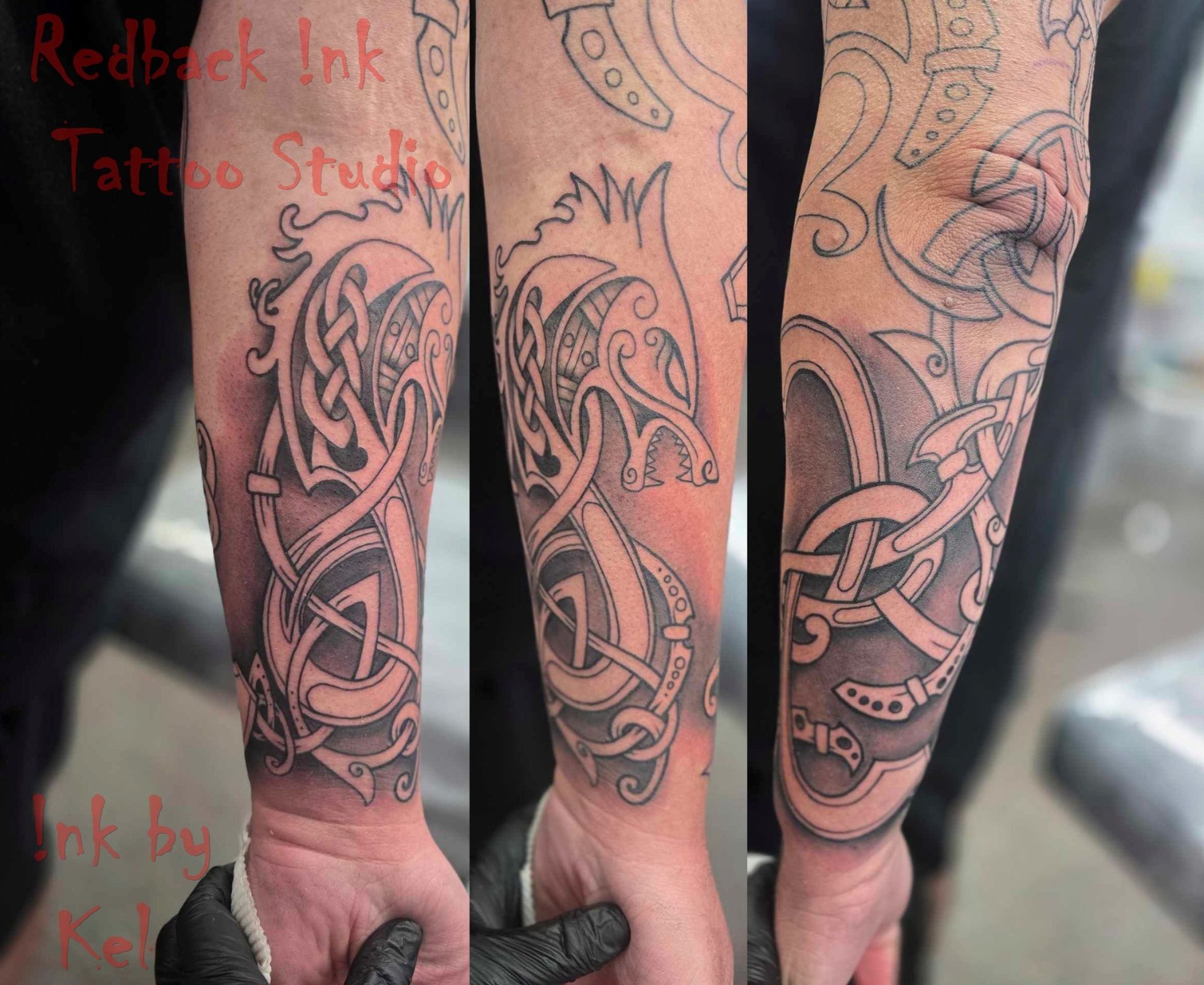 Three Stages of a Gray Ink Celtic Tattoo on an Arm — Redback !nk Tattoo Studio in Kawana, QLD