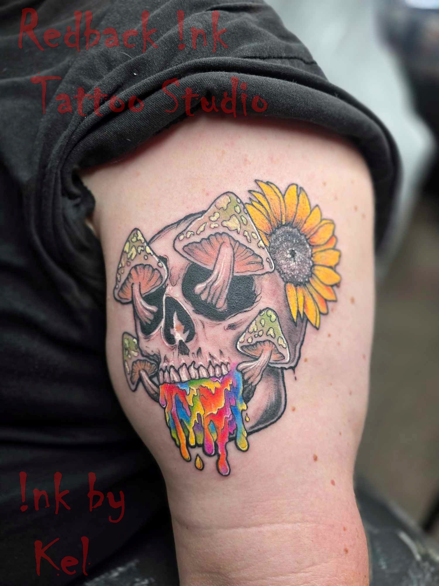 Skull Tattoo With Rainbow Dripping From Mouth, Mushrooms — Redback !nk Tattoo Studio in Kawana, QLD