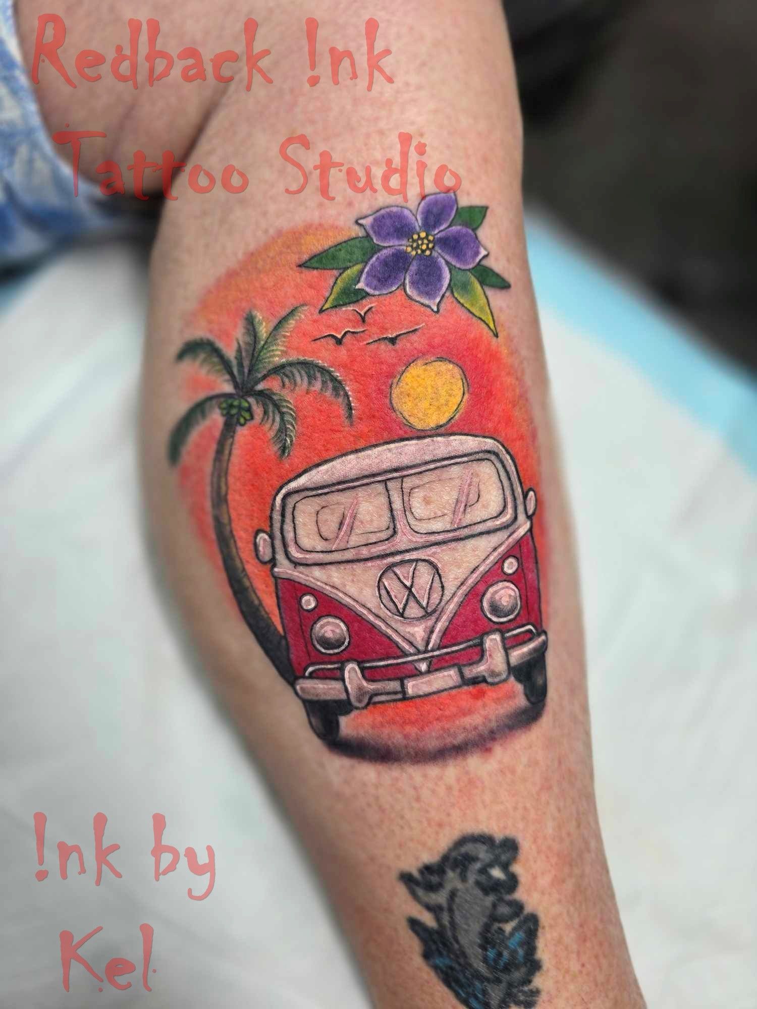 Tattoo of a Red and White Van With a Palm Tree, Sunset — Redback !nk Tattoo Studio in Kawana, QLD