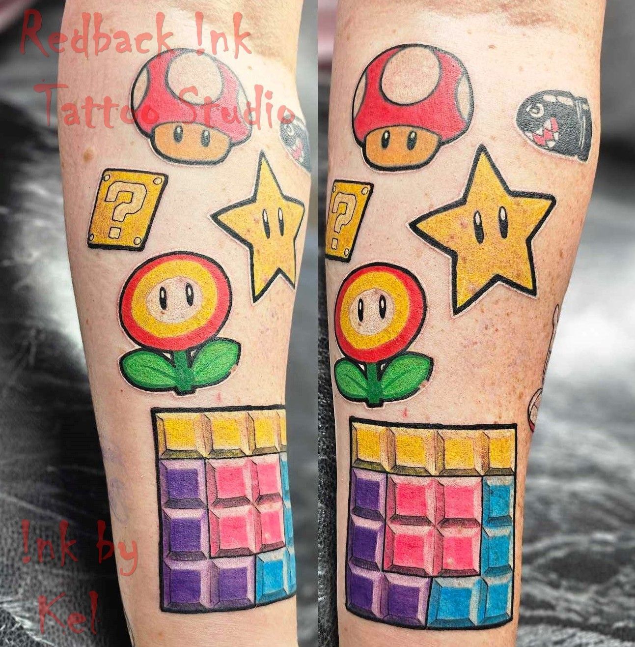 Mario-themed Tattoo on an Arm, Featuring a Mushroom, Star, Flower — Redback !nk Tattoo Studio in Kawana, QLD
