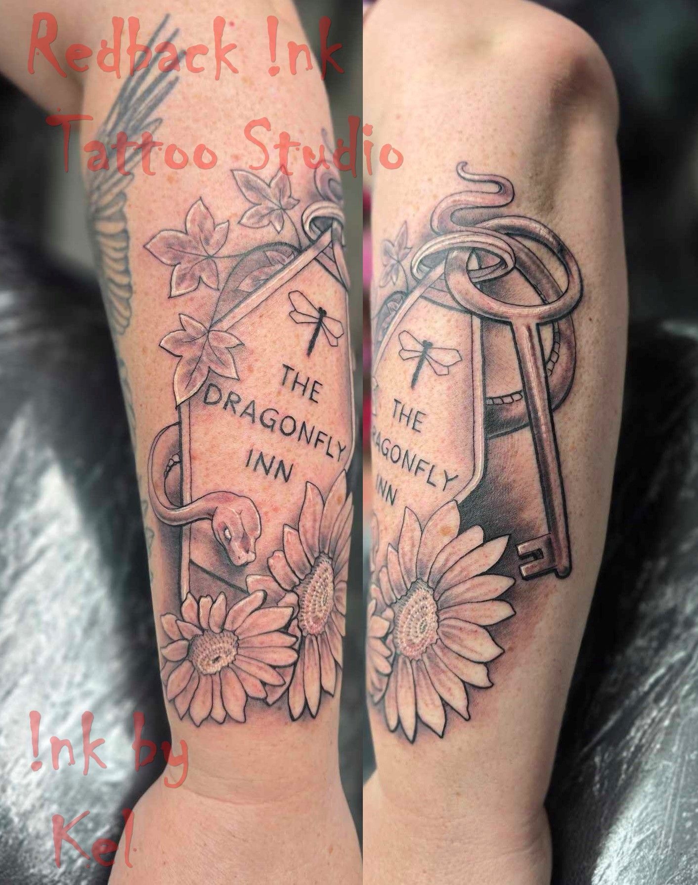 Tattoos Flowers, Key, and Snake on Arm — Redback !nk Tattoo Studio in Kawana, QLD