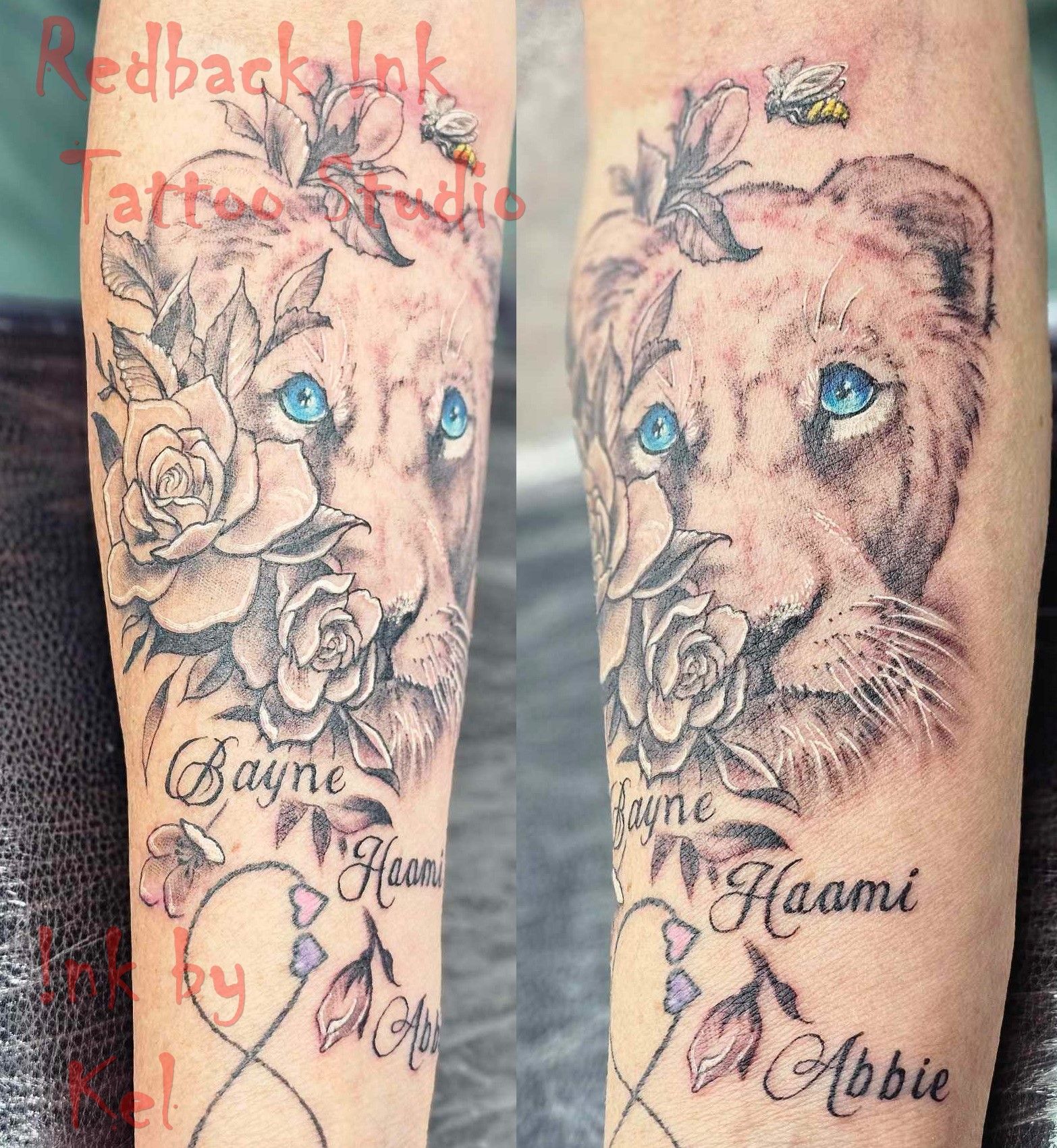 Tattoo of a Lioness With Flowers, Blue Eyes, and Names — Redback !nk Tattoo Studio in Kawana, QLD