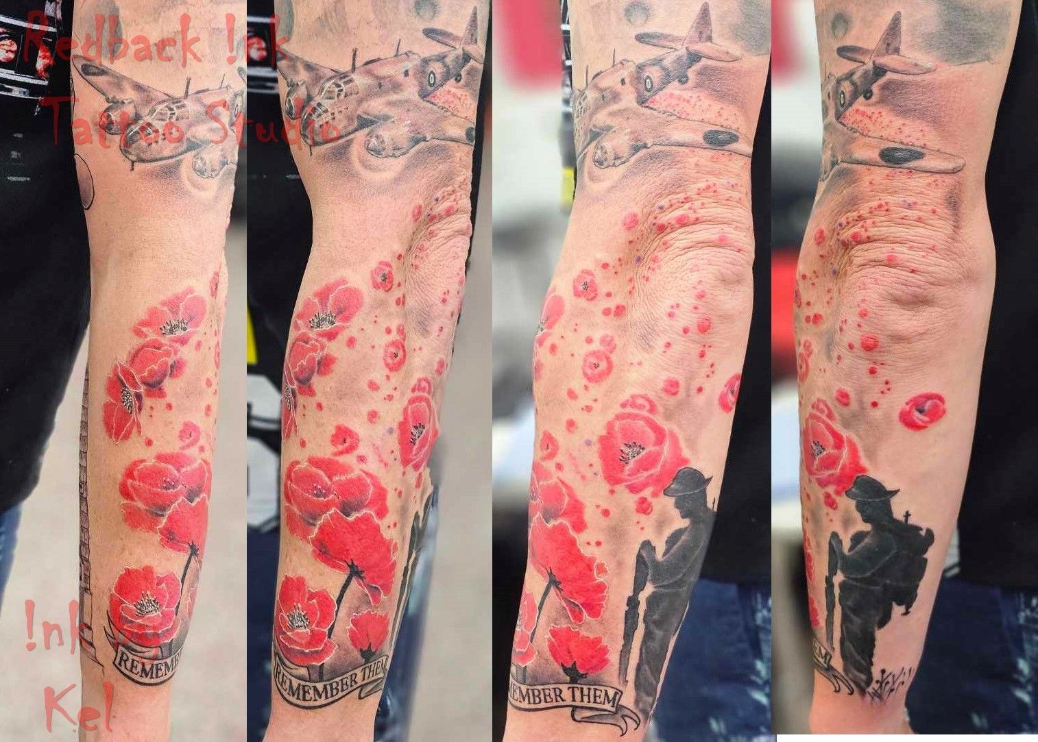 Tattoo Sleeve: Red Poppies, Black Silhouettes, Military Aircraft — Redback !nk Tattoo Studio in Kawana, QLD
