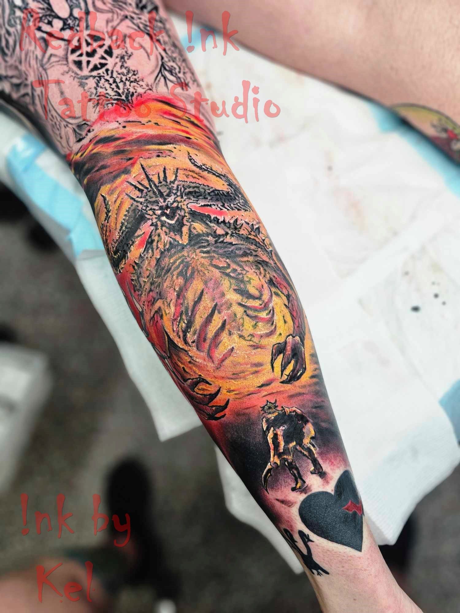 Tattoo of a Hellscape Scene on an Arm. Includes a Fiery Sky — Redback !nk Tattoo Studio in Kawana, QLD