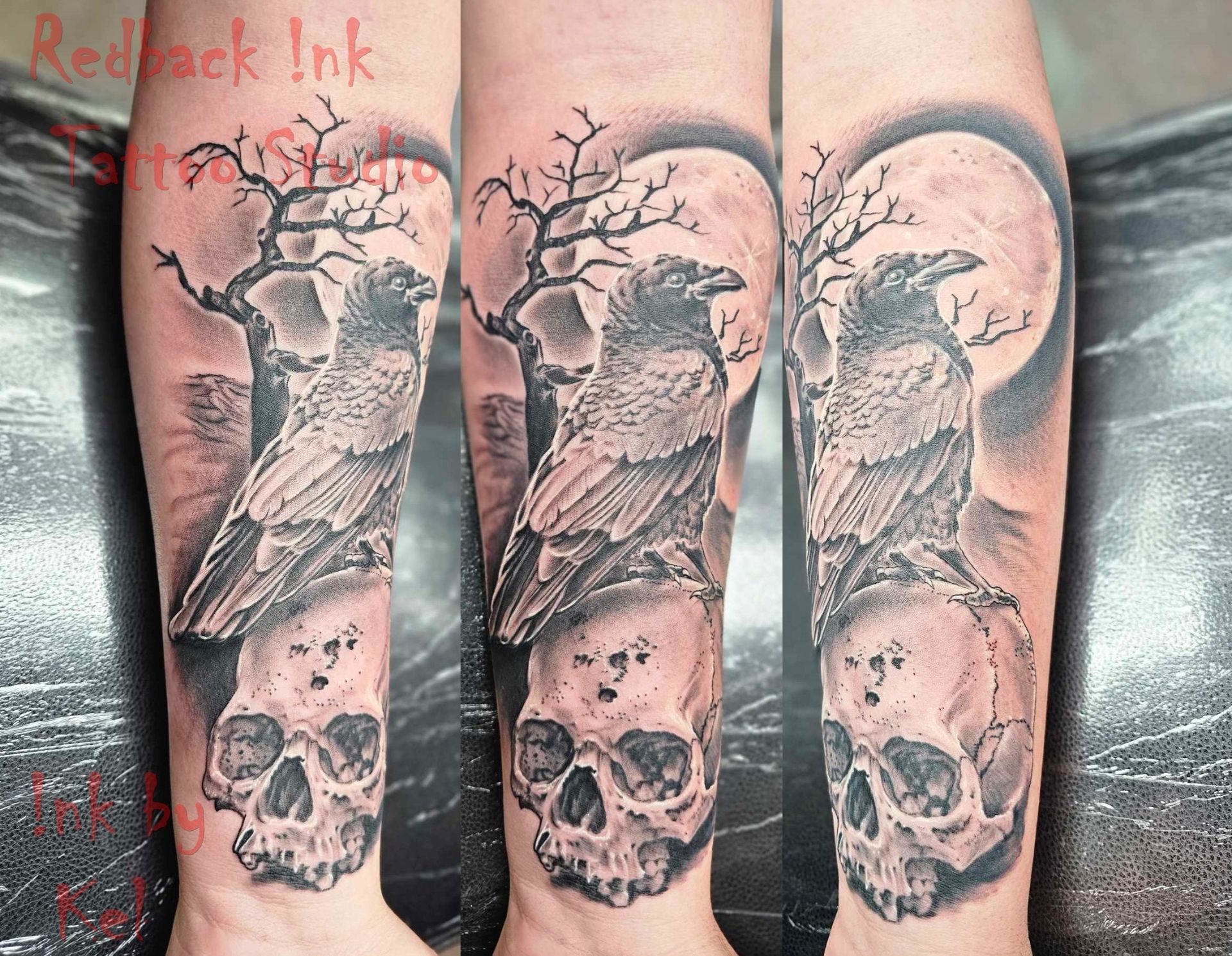Tattoo on Forearm: Crow Perched on Skull, Barren Tree, Full Moon Backdrop — Redback !nk Tattoo Studio in Kawana, QLD