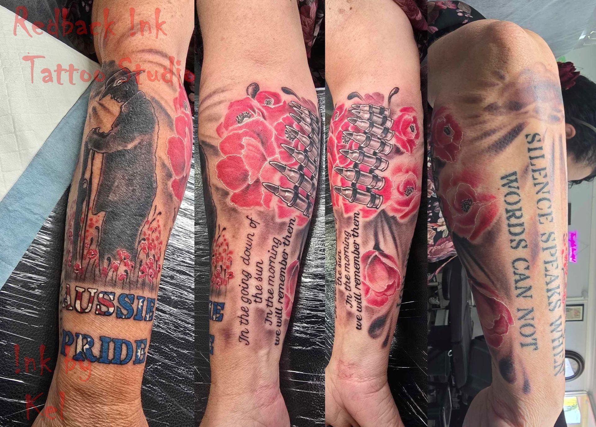 Four Forearm Tattoos: A Person With a Memorial, Flowers — Redback !nk Tattoo Studio in Kawana, QLD