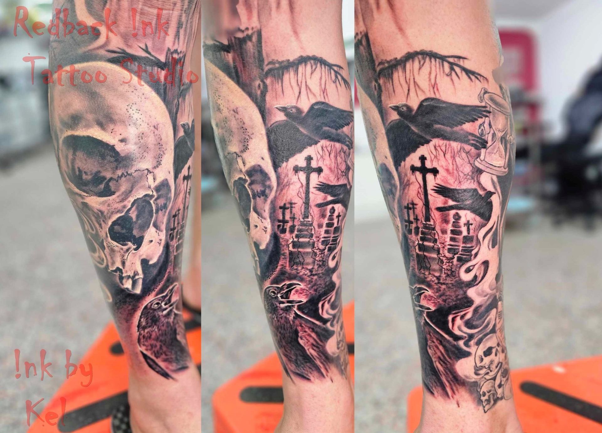 Tattoo of Skull, Graveyard, Ravens, and Crosses — Redback !nk Tattoo Studio in Kawana, QLD