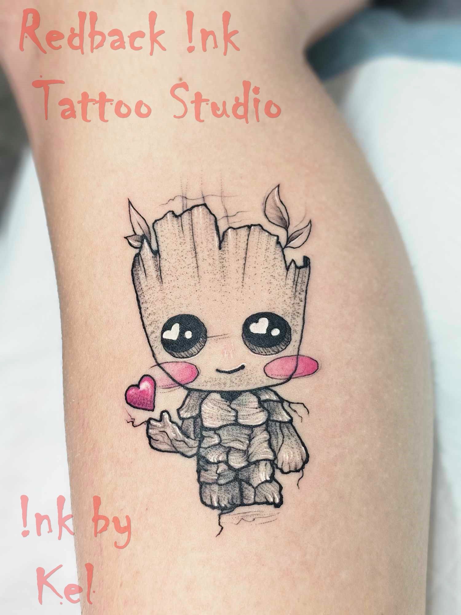 Cute Baby Groot Tattoo With Heart, Blush, and Leaves — Redback !nk Tattoo Studio in Kawana, QLD