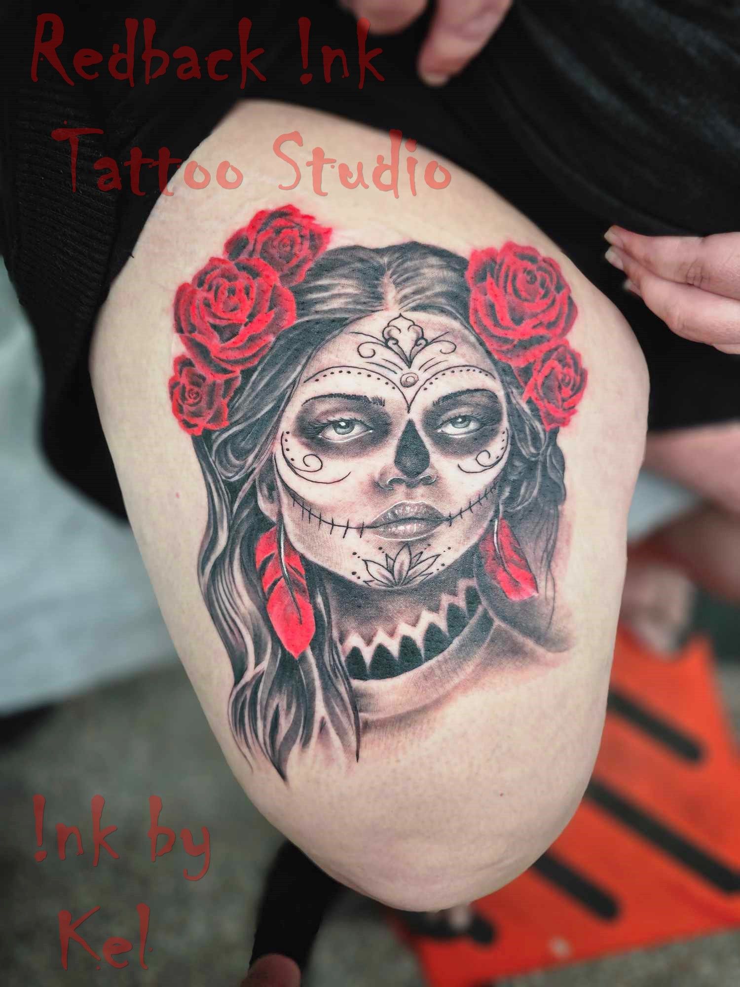Sugar Skull Tattoo With Red Roses — Redback !nk Tattoo Studio in Kawana, QLD