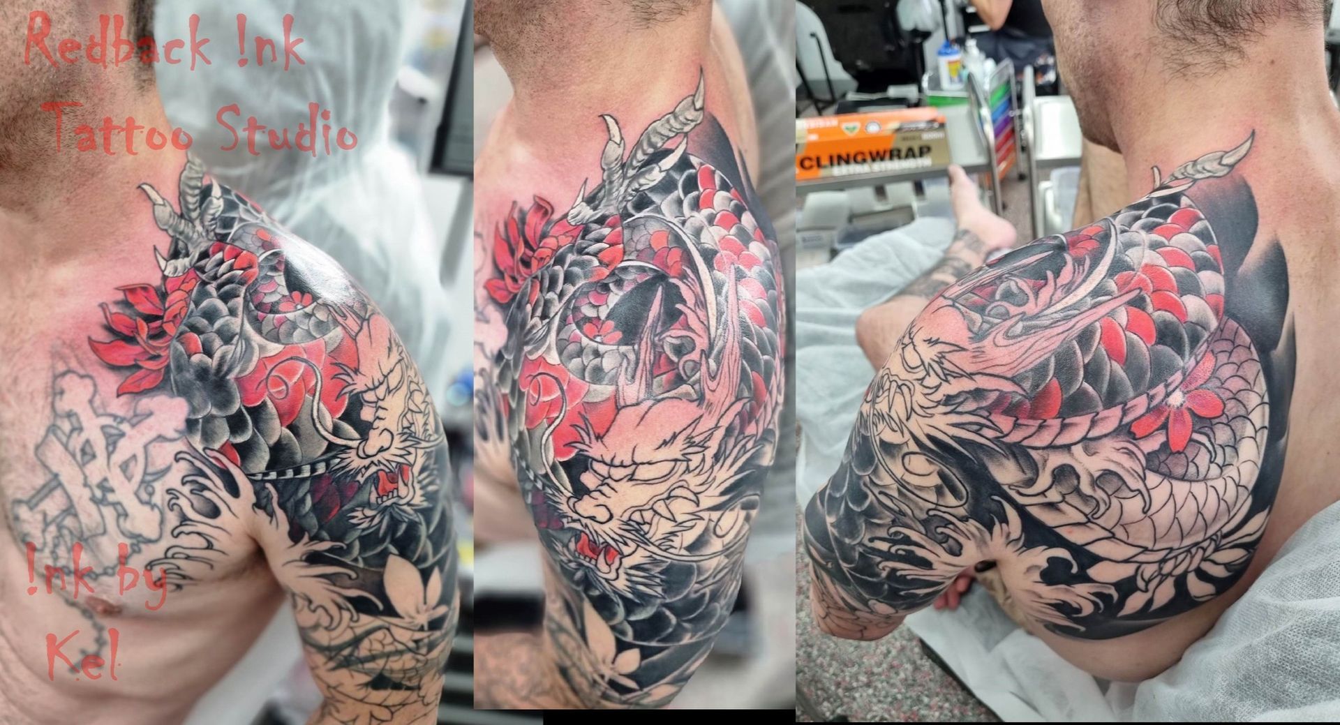 Tattoo in Progress: Colourful Floral and Dragon Design on a Man's Shoulder — Redback !nk Tattoo Studio in Kawana, QLD
