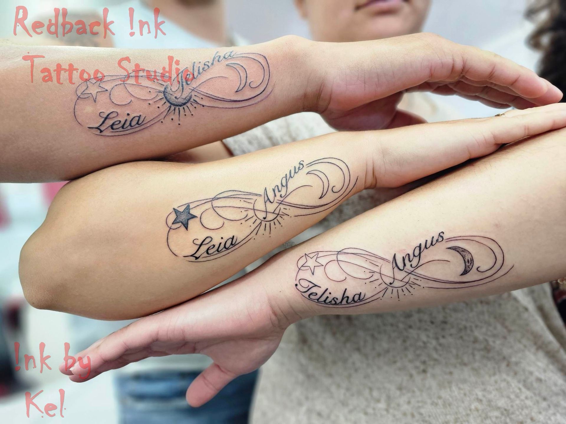 Three Arms With Matching Infinity Tattoos, Each — Redback !nk Tattoo Studio in Kawana, QLD