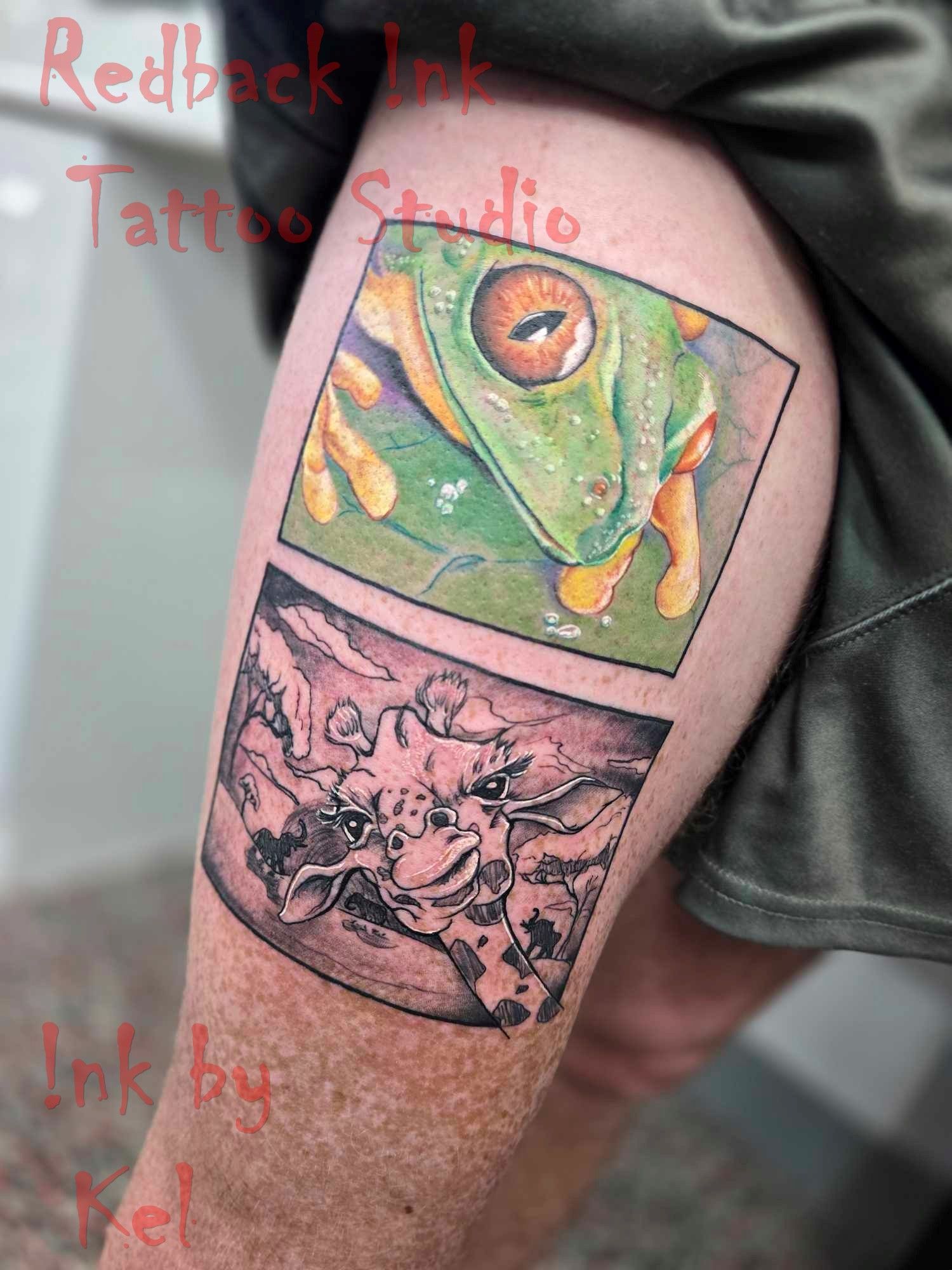 Tattoo of a Green Frog in a Box Above a Giraffe's Head — Redback !nk Tattoo Studio in Kawana, QLD