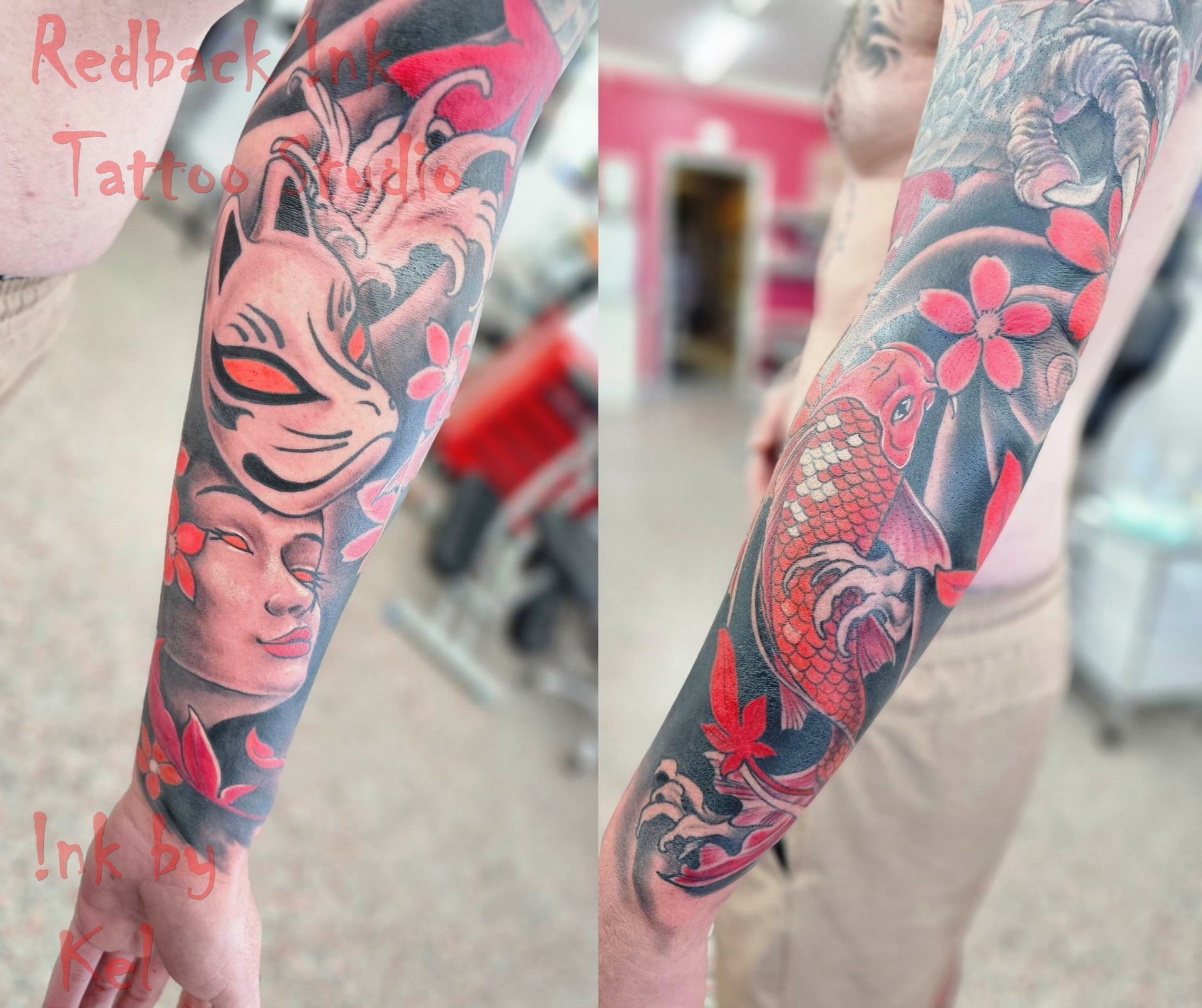 Tattoo Sleeve With a Kitsune Mask, Face, Koi Fish, and Cherry Blossoms — Redback !nk Tattoo Studio in Kawana, QLD