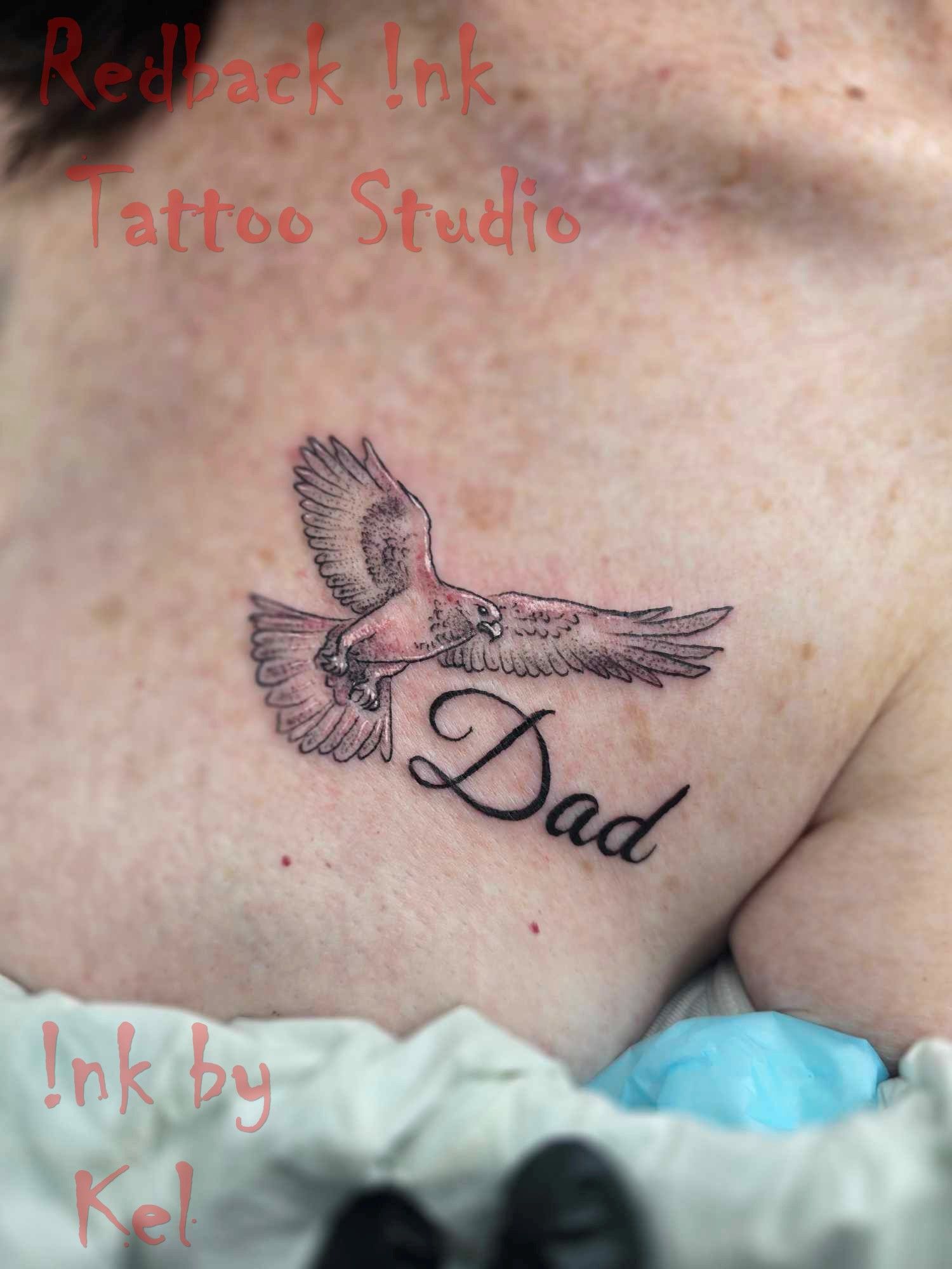 A Black and White Tattoo of a Flying Bird — Redback !nk Tattoo Studio in Kawana, QLD